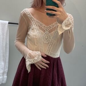 Free People V is for Victorian Coquette Dress Burgundy Ivory Lace Bell Sleeve
